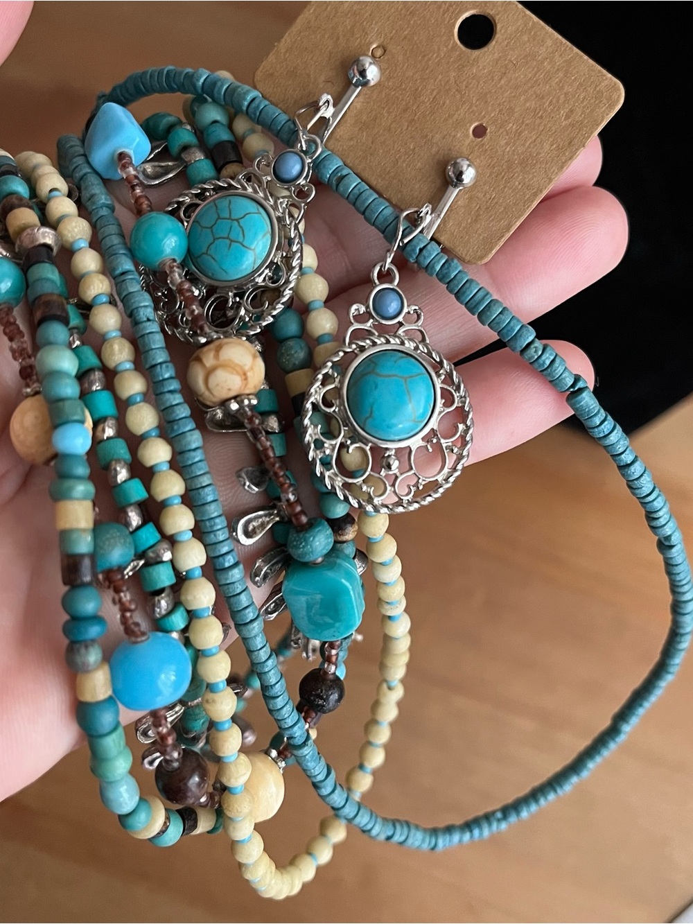 Multi strand stone glass necklace with clip on dangle earrings jewelry set boho - Picture 8 of 8